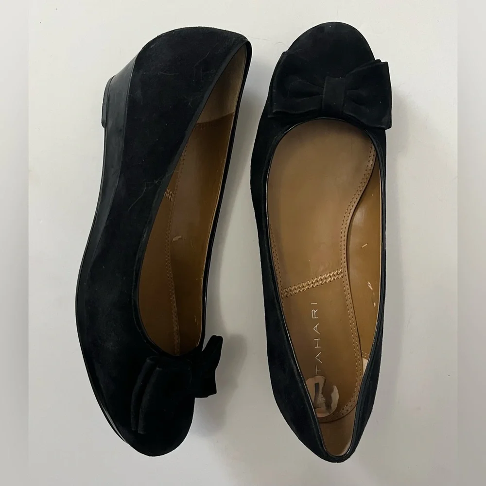 Tahari Black Suede Leather Flats Black Suede Bows Shoes Flats Low Heel Size 7